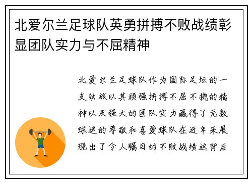 北爱尔兰足球队英勇拼搏不败战绩彰显团队实力与不屈精神