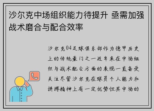 沙尔克中场组织能力待提升 亟需加强战术磨合与配合效率