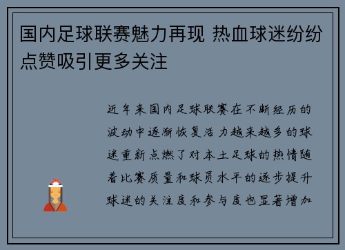 国内足球联赛魅力再现 热血球迷纷纷点赞吸引更多关注