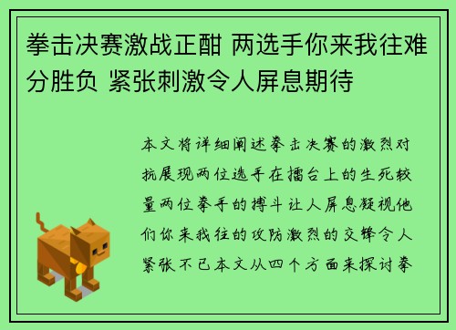 拳击决赛激战正酣 两选手你来我往难分胜负 紧张刺激令人屏息期待