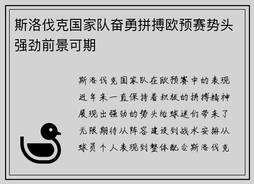 斯洛伐克国家队奋勇拼搏欧预赛势头强劲前景可期