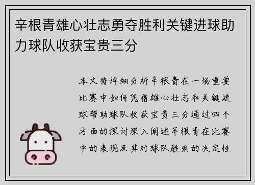 辛根青雄心壮志勇夺胜利关键进球助力球队收获宝贵三分