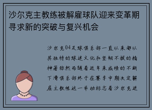 沙尔克主教练被解雇球队迎来变革期寻求新的突破与复兴机会