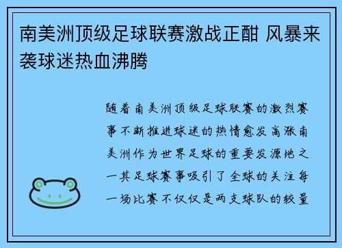 南美洲顶级足球联赛激战正酣 风暴来袭球迷热血沸腾