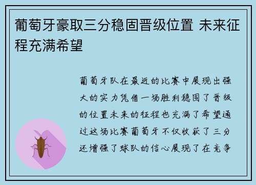 葡萄牙豪取三分稳固晋级位置 未来征程充满希望